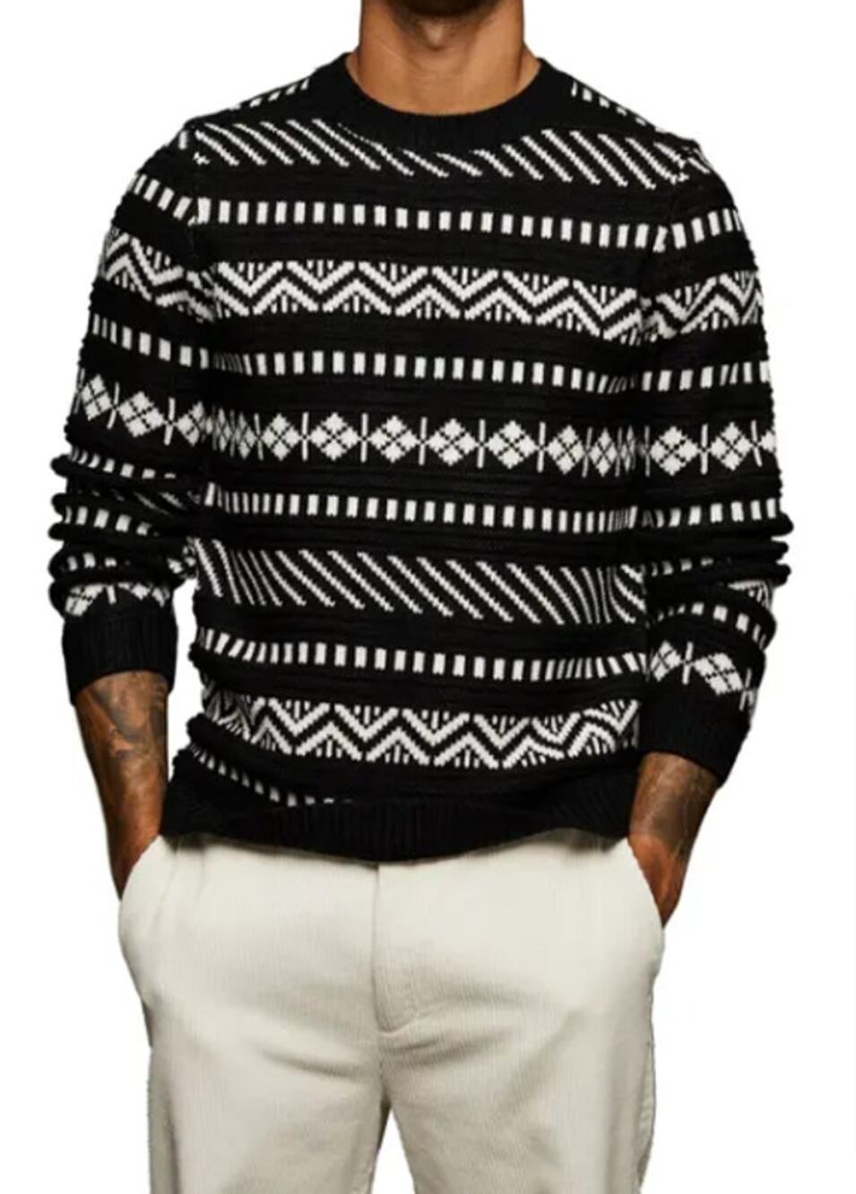 Topman Mens Fair Isle Crewneck Sweater Size S Black White Long Sleeve Holiday